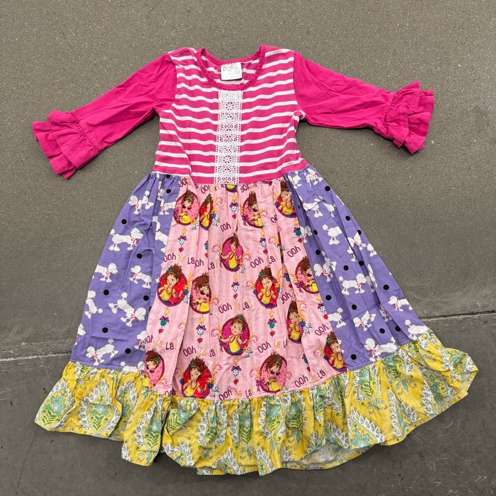Momi Boutique Colorful Long Sleeve Dress with Ruffle Details, Size 8 Years